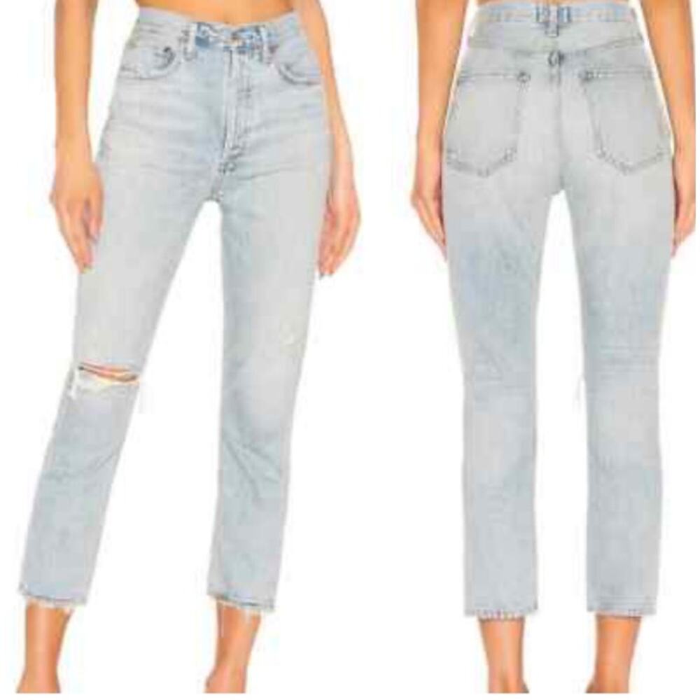 AGOLDE Riley Crop Mid-Rise Straight Leg Blue Jeans Women's 23 (26x24) Distressed